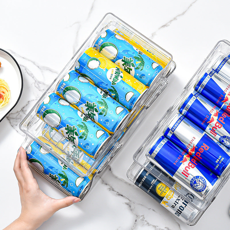Boîte de rangement double couche pour réfrigérateur, compatible avec les canettes de bière et de cola à roulettes. (Longue 355ml et 473 à 500 ml)
